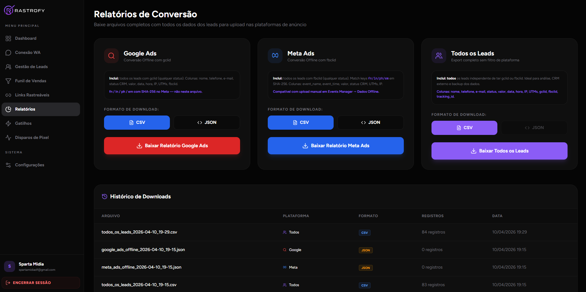 Relatórios — Rastrofy