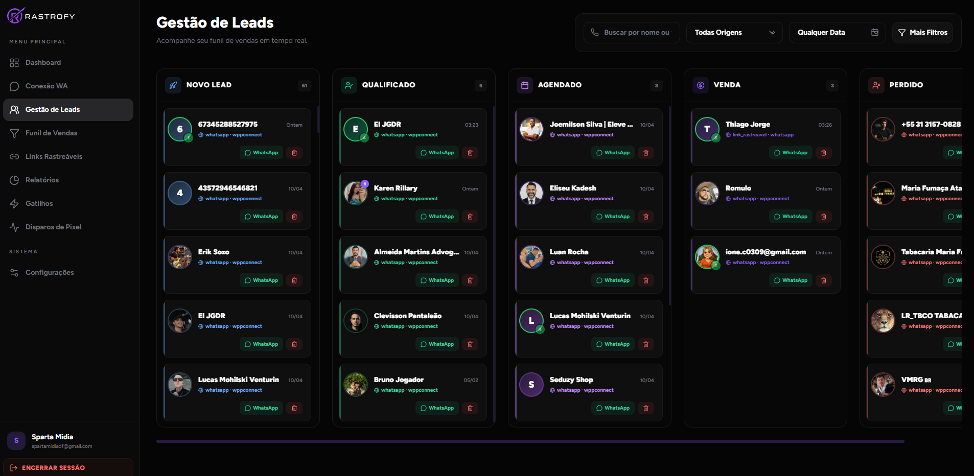 Gestão de Leads — Rastrofy